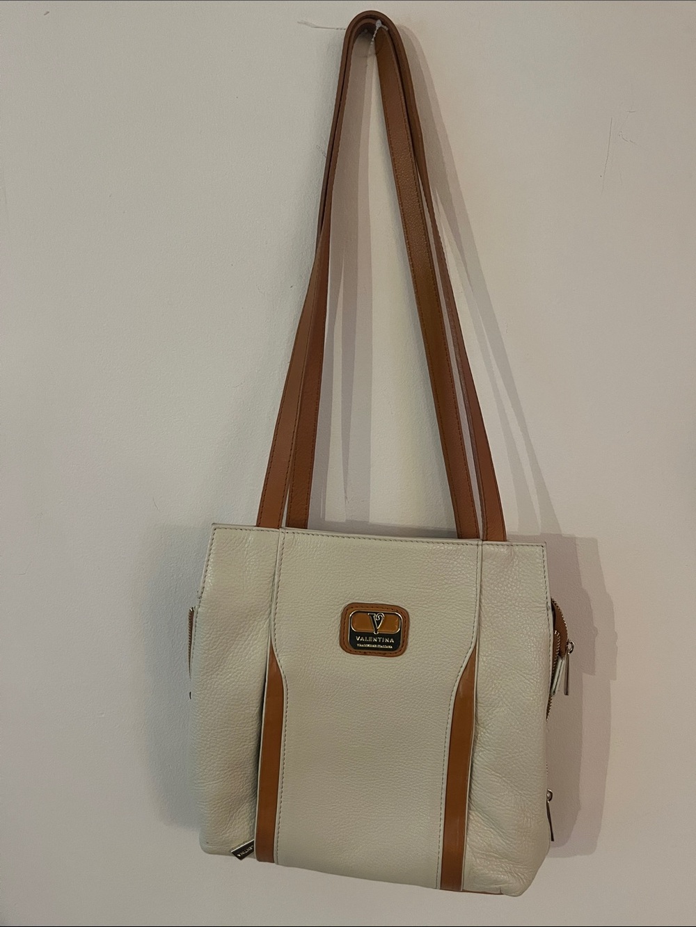 Valentina Cream Shoulder Bag with Tan Accents